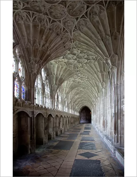 Interior of cloisters with fan vaulting, Gloucester Cathedral, Gloucester