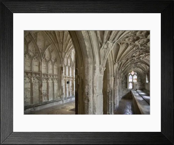 Framed Print : Interior of cloisters and monks lavatorium with fan vaulting, Gloucester Cathedral Framed Print : Interior of cloisters and monks lavatorium with fan vaulting, Gloucester Cathedral