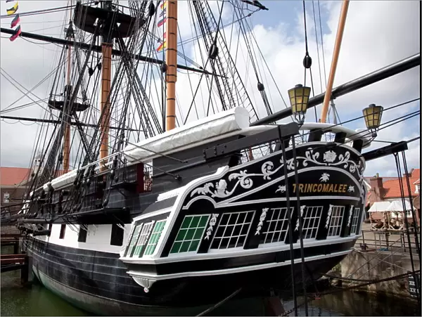 Stern view of HMS Trincomalee, British Frigate of 1817, at Hartlepools Maritime Experience