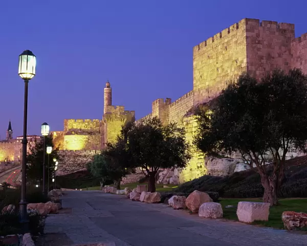 Walls promenade and Tower of David at dusk, Jerusalem, Israel, Middle East