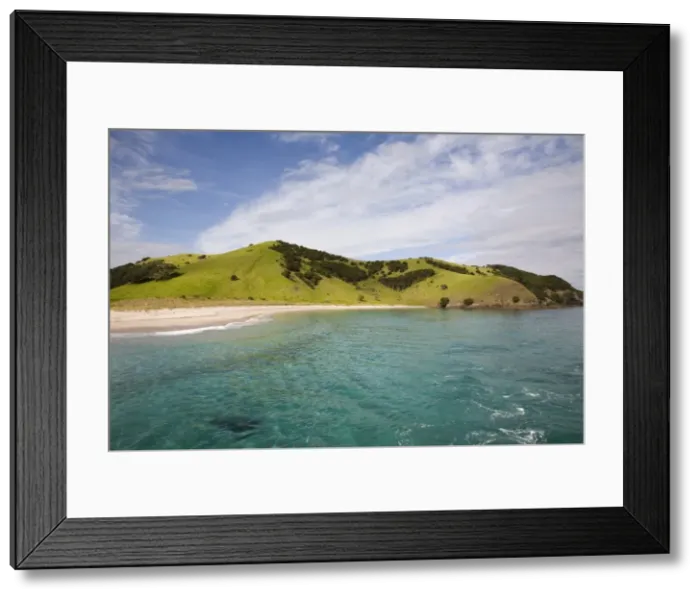 Framed Print : View back to Waewaetorea Island recreational reserve with sandy beach across clear green blue sea on Pacific coast, Bay of Islands, Northland, North Island, New Framed Print : View back to Waewaetorea Island recreational reserve with sandy beach across clear green blue sea on Pacific coast, Bay of Islands, Northland, North Island, New
