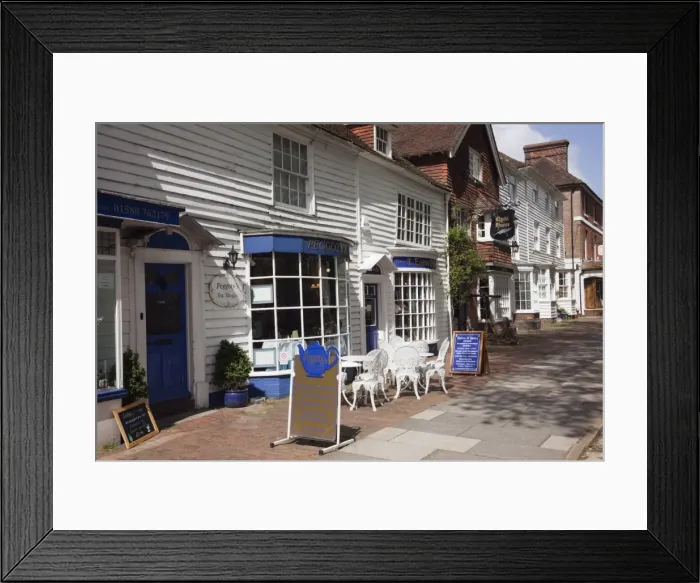 Framed Print : Cafe in 15th century white weatherboard building on High Street in historic town on the Weald Framed Print : Cafe in 15th century white weatherboard building on High Street in historic town on the Weald
