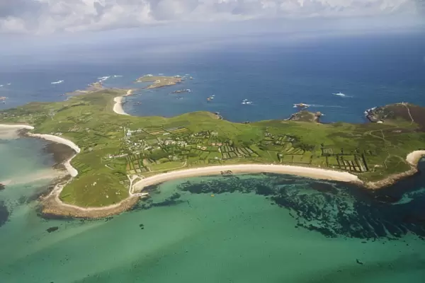 Aerial shot of St. Martins, Isles of Scilly, Cornwall, United Kingdom, Europe
