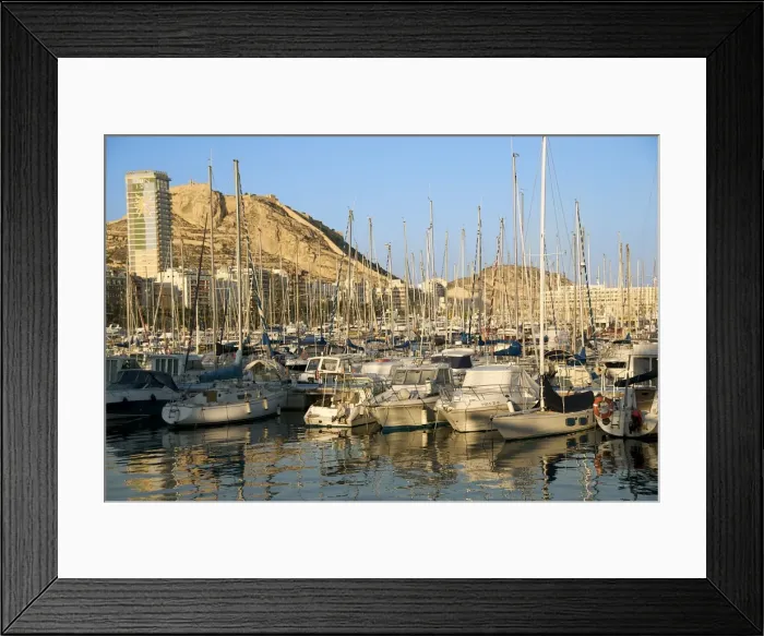 Framed Print : Harbour, hotel Tryp Gran Sol and Santa Barbara castle in background, Alicante Framed Print : Harbour, hotel Tryp Gran Sol and Santa Barbara castle in background, Alicante