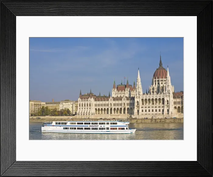 Framed Print : Pleasure boat on River Danube in front of Parliament building, Budapest, Hungary, Europe