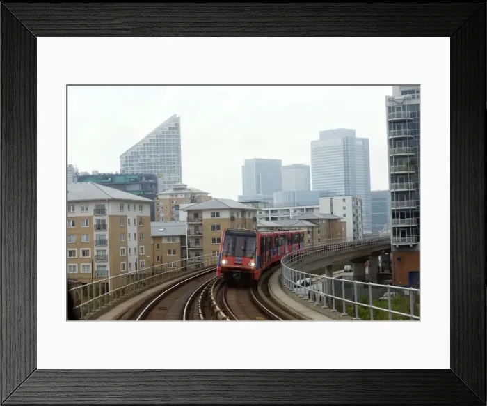 Framed Print : Docklands Light Railways looking towards Canary Wharf, London, England Framed Print : Docklands Light Railways looking towards Canary Wharf, London, England
