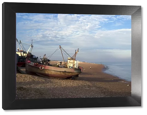 Fishing boats on pebble beach, Hastings, Sussex, England, United Kingdom, Europe