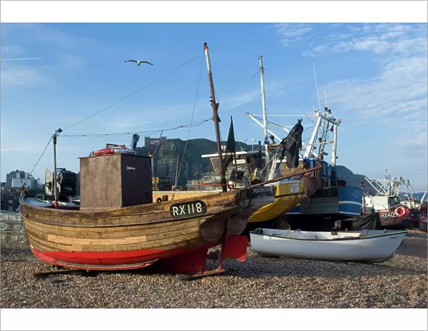 Fishing boats on pebble beach at Hastings, Hastings, Sussex, England, United Kingdom
