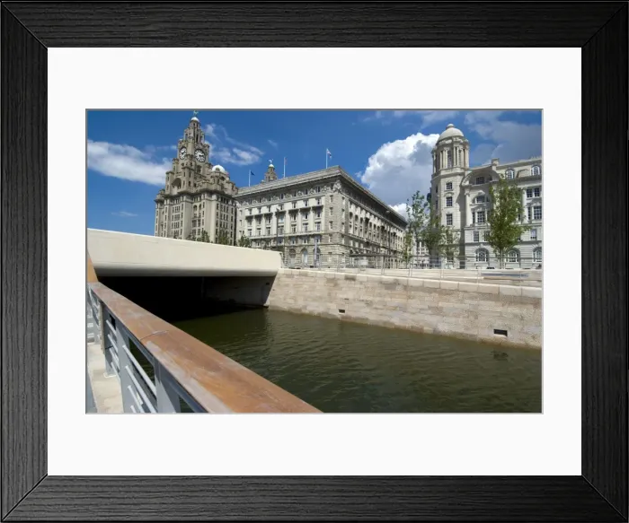 Framed Print : The new link between the Leeds and Liverpool canals, in front of the Three Graces Framed Print : The new link between the Leeds and Liverpool canals, in front of the Three Graces