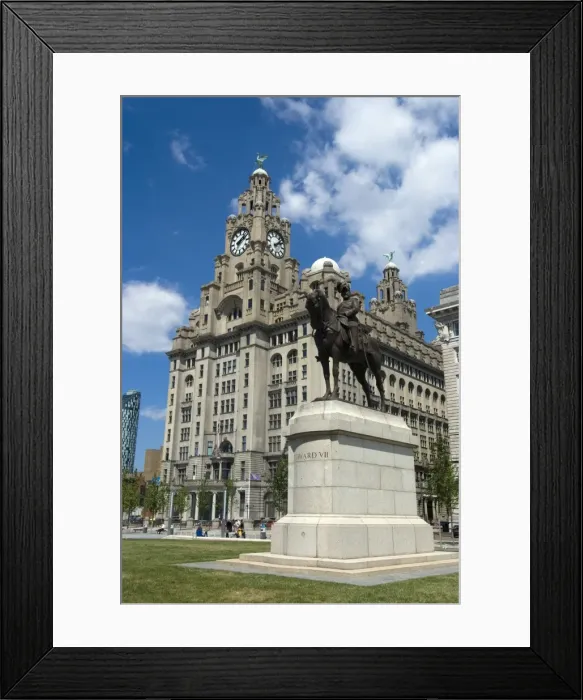 Framed Print : Statue of Edward VII in from of the Liver Building, one of the Three Graces