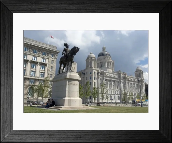 Framed Print : The Port of Liverpool Building, one of the Three Graces, with statue of Edward VII in the foreground, riverside, Liverpool, Merseyside, England, United Framed Print : The Port of Liverpool Building, one of the Three Graces, with statue of Edward VII in the foreground, riverside, Liverpool, Merseyside, England, United