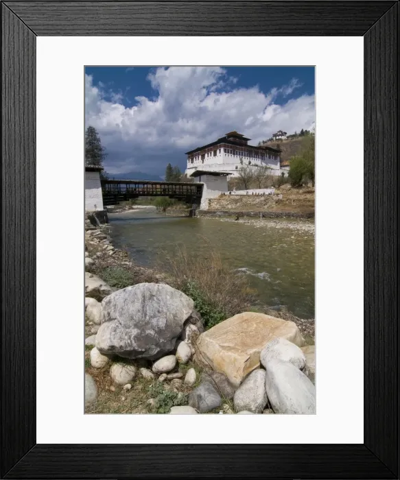 Framed Print : The Paro Tsong (a old castle) and a wooden covered bridge, Paro, Bhutan, Asia