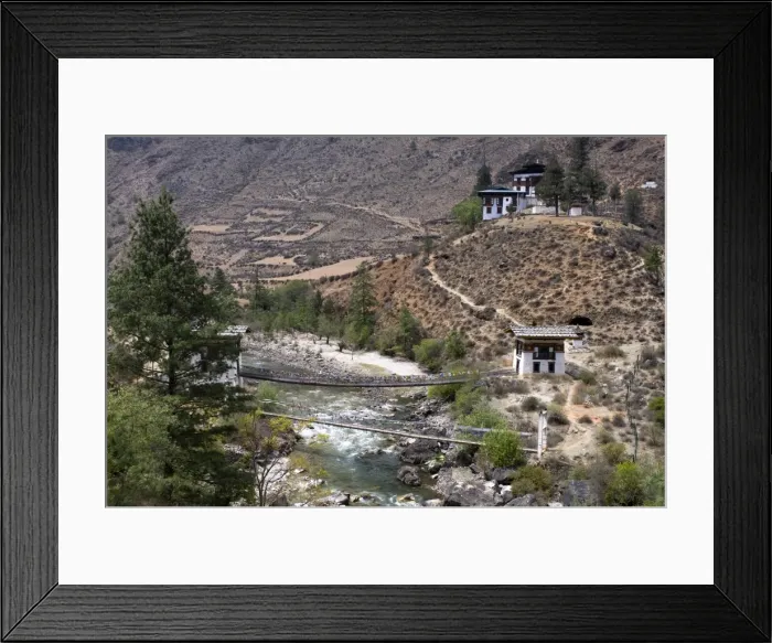 Framed Print : Iron bridge in valley, Bhutan, Asia Framed Print : Iron bridge in valley, Bhutan, Asia
