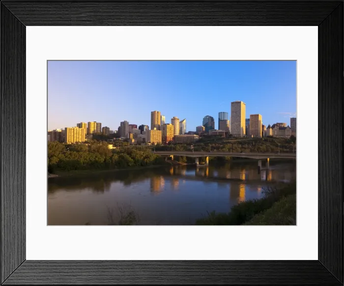 Framed Print : City at sunrise with the Saskatchewan River in foreground, Edmonton, Alberta Framed Print : City at sunrise with the Saskatchewan River in foreground, Edmonton, Alberta
