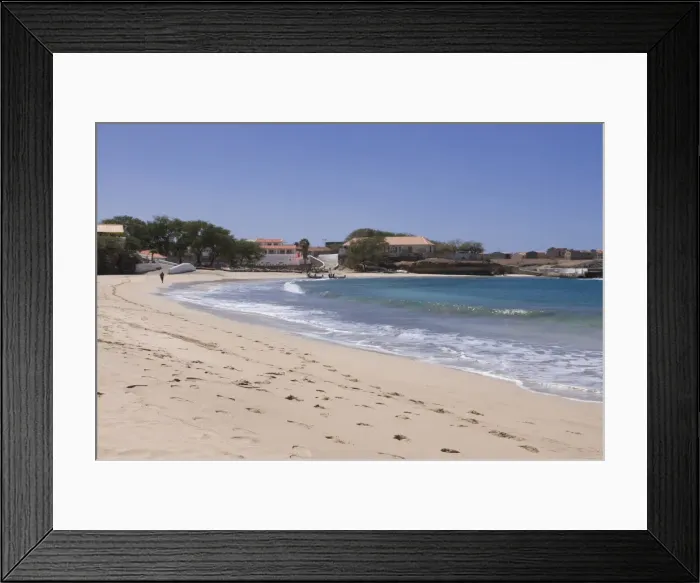 Framed Print : Coast with sandy beach and buildings, Tarrafal, Santiago, Cape Verde Islands, Africa Framed Print : Coast with sandy beach and buildings, Tarrafal, Santiago, Cape Verde Islands, Africa