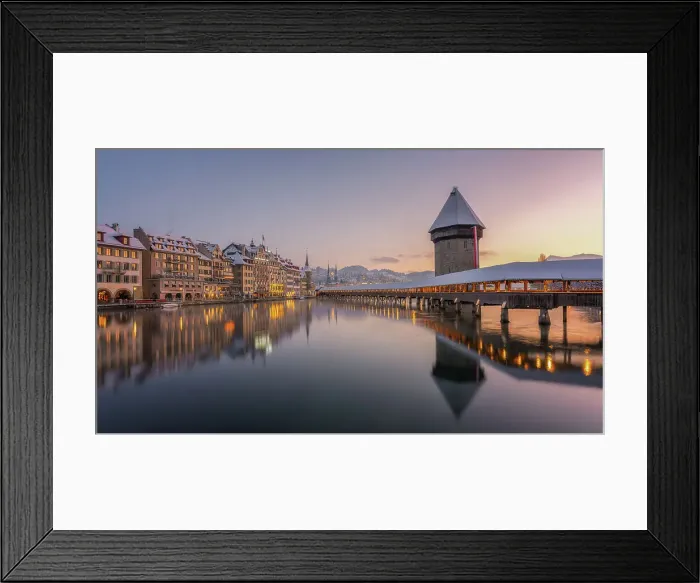 Framed Print : Kapellbrucke (Chapel Bridge) at sunrise in winter, wooden footbridge, Lucerne, Switzerland, Europe Framed Print : Kapellbrucke (Chapel Bridge) at sunrise in winter, wooden footbridge, Lucerne, Switzerland, Europe