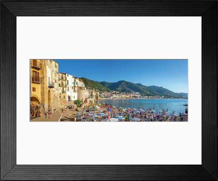 Framed Print : Panoramic view of tourists on beach, mountains in background, Cefalu, Province of Palermo, Sicily, Italy, Mediterranean, Europe Framed Print : Panoramic view of tourists on beach, mountains in background, Cefalu, Province of Palermo, Sicily, Italy, Mediterranean, Europe