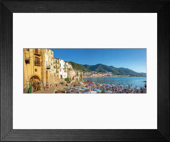 Framed Print : Panoramic view of tourists on beach, mountains in background, Cefalu, Province of Palermo, Sicily, Italy, Mediterranean, Europe Framed Print : Panoramic view of tourists on beach, mountains in background, Cefalu, Province of Palermo, Sicily, Italy, Mediterranean, Europe