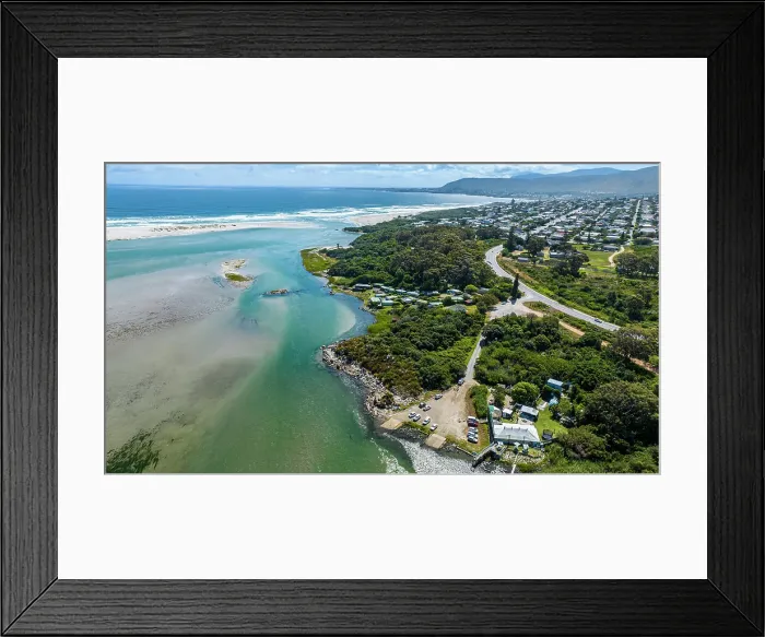 Framed Print : Aerial of the turquoise waters of the Klein River Lagoon, Hermanus, Western Cape Province, South Africa, Africa