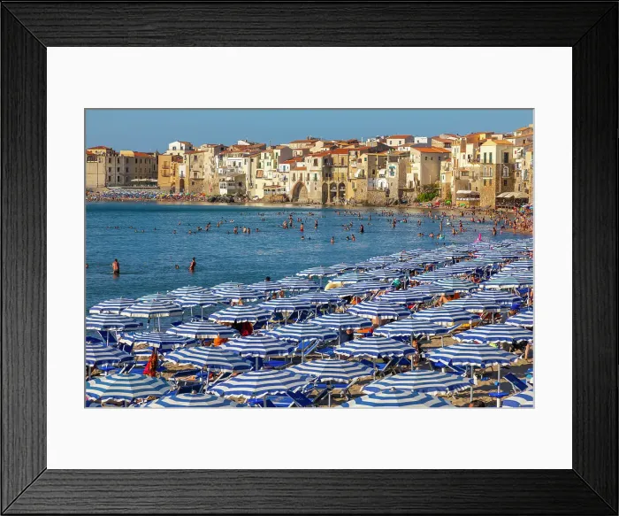 Framed Print : Beach umbrellas, parasols, Lungomare beach, Cefalu, Province of Palermo, Sicily, Italy, Mediterranean, Europe Framed Print : Beach umbrellas, parasols, Lungomare beach, Cefalu, Province of Palermo, Sicily, Italy, Mediterranean, Europe