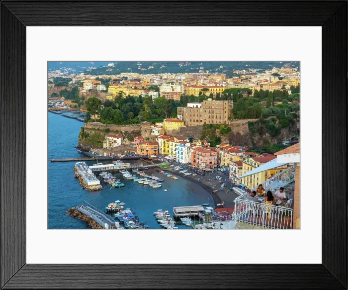 Framed Print : Tourists dining with view of Sorrento, Bay of Naples, Campania, Italy, Mediterranean, Europe