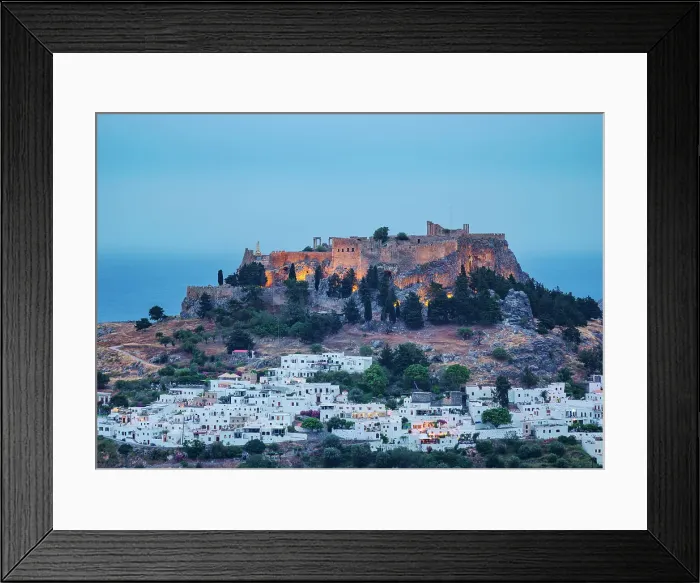 Framed Print : View towards the Acropolis of Lindos at dusk, Rhodes Island, Dodecanese, Greek Islands, Greece, Europe Framed Print : View towards the Acropolis of Lindos at dusk, Rhodes Island, Dodecanese, Greek Islands, Greece, Europe