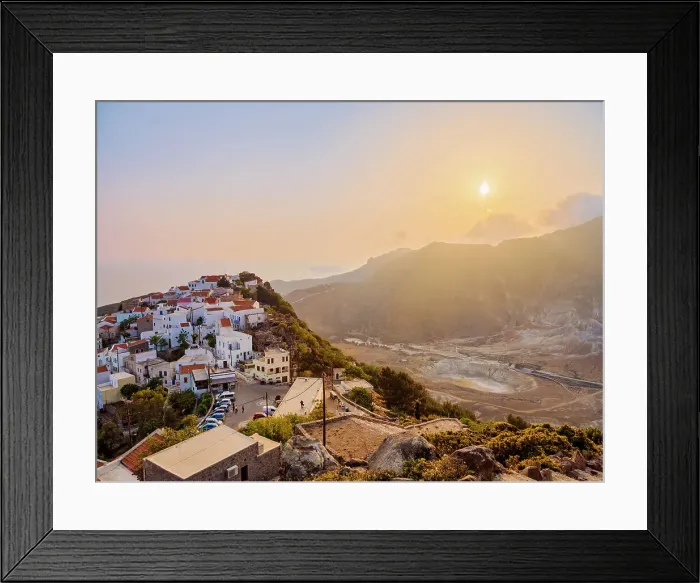 Framed Print : Nikia Village and Stefanos Volcano Crater at sunset, elevated view, Nisyros Island, Dodecanese, Greek Islands, Greece, Europe Framed Print : Nikia Village and Stefanos Volcano Crater at sunset, elevated view, Nisyros Island, Dodecanese, Greek Islands, Greece, Europe
