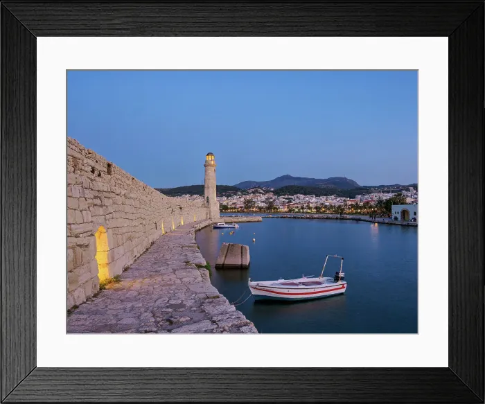 Framed Print : Lighthouse at the Old Venetian Port, dusk, City of Rethymno, Rethymno Region, Crete, Greek Islands, Greece, Europe