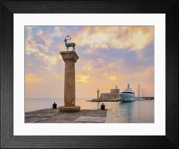 Framed Print : Deer and Doe on columns at entrance to Mandraki Harbour, former Colossus of Rhodes location, Saint Nicholas Fortress in the background, sunrise, Rhodes City, Rhodes Island, Dodecanese, Greek Islands, Greece, Europe Framed Print : Deer and Doe on columns at entrance to Mandraki Harbour, former Colossus of Rhodes location, Saint Nicholas Fortress in the background, sunrise, Rhodes City, Rhodes Island, Dodecanese, Greek Islands, Greece, Europe