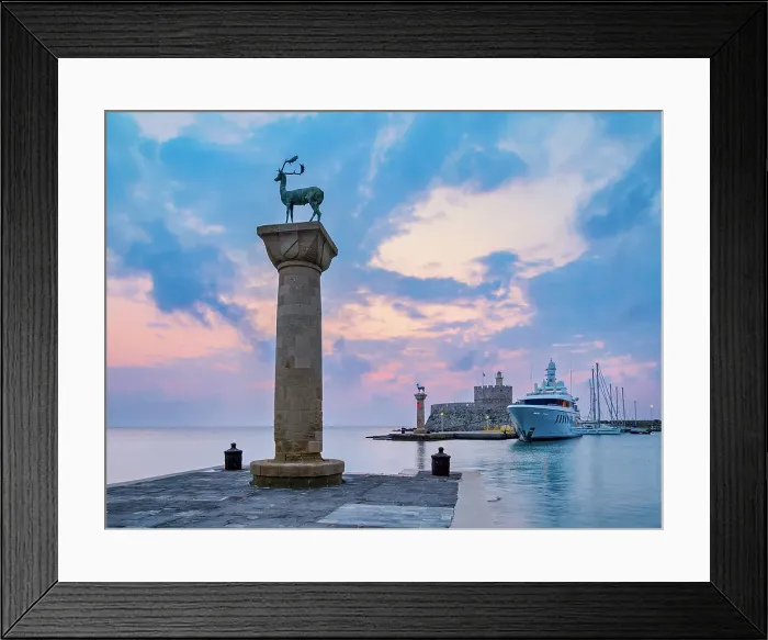 Framed Print : Deer and Doe on columns at the entrance to Mandraki Harbour, former Colossus of Rhodes location, Saint Nicholas Fortress in the background, sunrise, Rhodes City, Rhodes Island, Dodecanese, Greek Islands, Greece, Europe Framed Print : Deer and Doe on columns at the entrance to Mandraki Harbour, former Colossus of Rhodes location, Saint Nicholas Fortress in the background, sunrise, Rhodes City, Rhodes Island, Dodecanese, Greek Islands, Greece, Europe