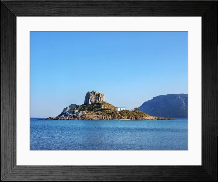 Framed Print : Kastri Island seen from Agios Stefanos Beach, Kamari Bay, Kos Island, Dodecanese, Greek Islands, Greece, Europe
