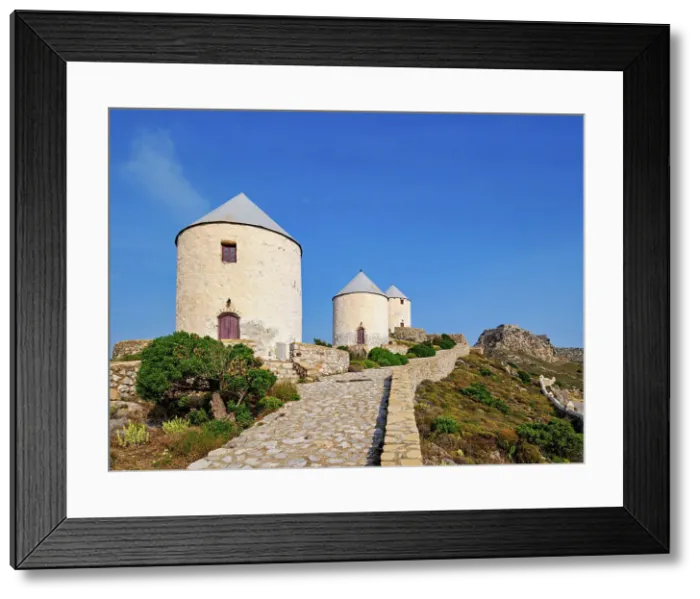 Framed Print : Windmills of Pandeli with Medieval Castle in the background, Leros Island, Dodecanese, Greek Islands, Greece, Europe Framed Print : Windmills of Pandeli with Medieval Castle in the background, Leros Island, Dodecanese, Greek Islands, Greece, Europe