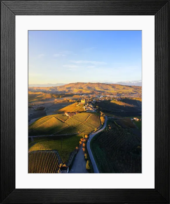 Framed Print : Aerial view of Grinzane Cavour at sunrise during autumn, Cuneo, Langhe and Roero, Piedmont, Italy, Europe Framed Print : Aerial view of Grinzane Cavour at sunrise during autumn, Cuneo, Langhe and Roero, Piedmont, Italy, Europe