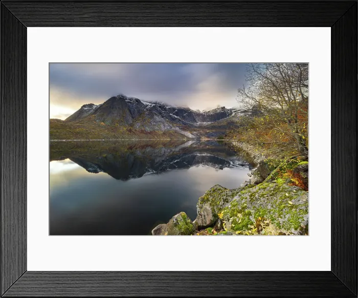 Framed Print : Storvatnet near Nusfjord at sunset, Flakstad, Nordland, Lofoten Islands, Norway, Scandinavia, Europe Framed Print : Storvatnet near Nusfjord at sunset, Flakstad, Nordland, Lofoten Islands, Norway, Scandinavia, Europe