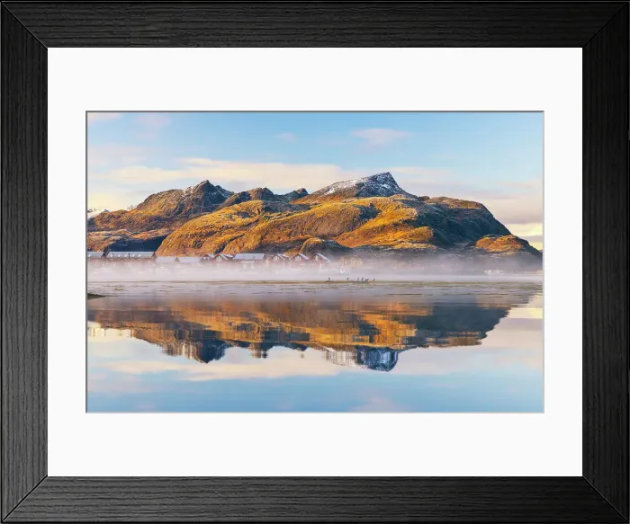 Framed Print : Mountains and rorbuer reflected in a Fjord during sunset, Leknes, Vestvagoy, Nordland, Lofoten Islands, Norway, Scandinavia, Europe Framed Print : Mountains and rorbuer reflected in a Fjord during sunset, Leknes, Vestvagoy, Nordland, Lofoten Islands, Norway, Scandinavia, Europe