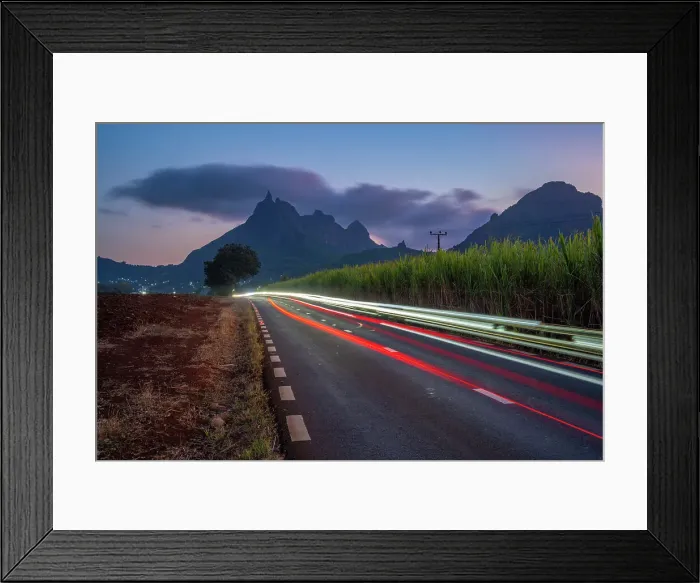 Framed Print : View of trail lights and Long Mountains at dusk near Beau Bois, Mauritius, Indian Ocean, Africa Framed Print : View of trail lights and Long Mountains at dusk near Beau Bois, Mauritius, Indian Ocean, Africa