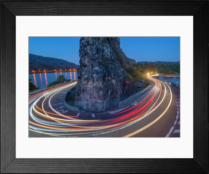 Framed Print : View of trail lights at Baie du Cap from Maconde Viewpoint at dusk, Savanne District, Mauritius, Indian Ocean, Africa Framed Print : View of trail lights at Baie du Cap from Maconde Viewpoint at dusk, Savanne District, Mauritius, Indian Ocean, Africa