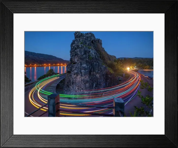 Framed Print : View of trail lights at Baie du Cap from Maconde Viewpoint at dusk, Savanne District, Mauritius, Indian Ocean, Africa