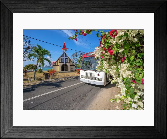 Framed Print : View of local bus and Notre-Dame Auxiliatrice de Cap Malheureux, Cap Malheureux, Mauritius, Indian Ocean, Africa Framed Print : View of local bus and Notre-Dame Auxiliatrice de Cap Malheureux, Cap Malheureux, Mauritius, Indian Ocean, Africa