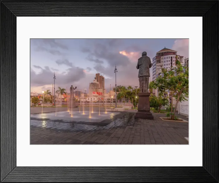Framed Print : View of statue in Caudan Waterfront in Port Louis at dusk, Port Louis, Mauritius, Indian Ocean, Africa Framed Print : View of statue in Caudan Waterfront in Port Louis at dusk, Port Louis, Mauritius, Indian Ocean, Africa