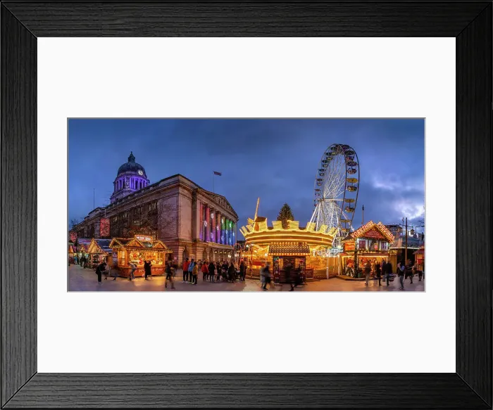 Framed Print : View of Council House (City Hall) and Christmas Market on Old Market Square at dusk, Nottingham, Nottinghamshire, England, United Kingdom, Europe