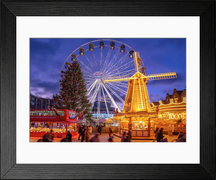 Framed Print : View of ferris wheel and Christmas Market on Old Market Square at dusk, Nottingham, Nottinghamshire, England, United Kingdom, Europe