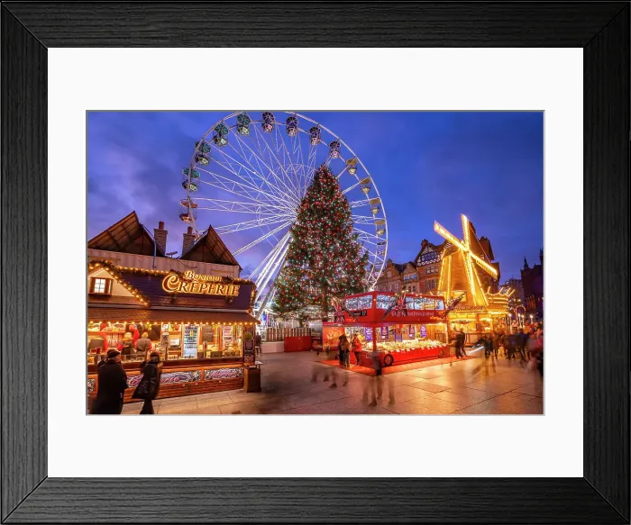 Framed Print : View of ferris wheel and Christmas Market on Old Market Square at dusk, Nottingham, Nottinghamshire, England, United Kingdom, Europe