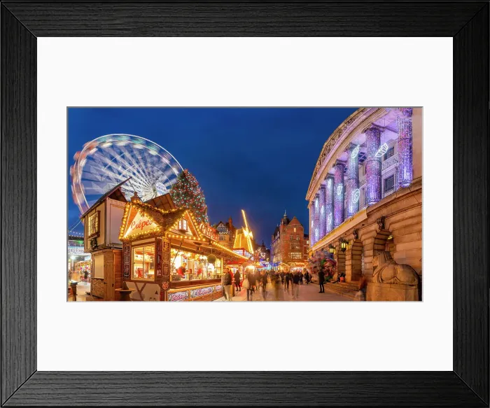 Framed Print : View of Council House (City Hall) and Christmas Market on Old Market Square at dusk, Nottingham, Nottinghamshire, England, United Kingdom, Europe