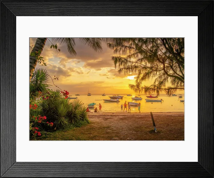 Framed Print : View of boats and people on Mon Choisy Public Beach at sunset, Mauritius, Indian Ocean, Africa Framed Print : View of boats and people on Mon Choisy Public Beach at sunset, Mauritius, Indian Ocean, Africa