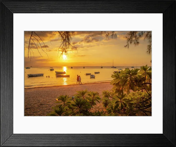 Framed Print : View of boats and people on Mon Choisy Public Beach at sunset, Mauritius, Indian Ocean, Africa Framed Print : View of boats and people on Mon Choisy Public Beach at sunset, Mauritius, Indian Ocean, Africa