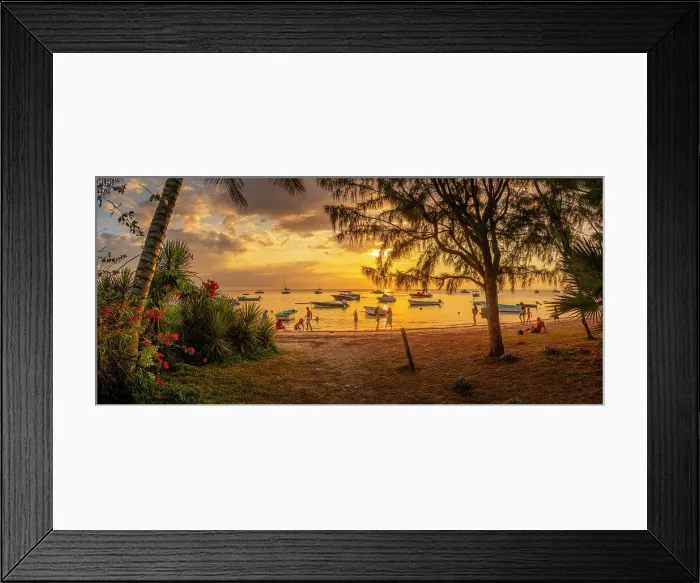 Framed Print : View of boats and people on Mon Choisy Public Beach at sunset, Mauritius, Indian Ocean, Africa Framed Print : View of boats and people on Mon Choisy Public Beach at sunset, Mauritius, Indian Ocean, Africa