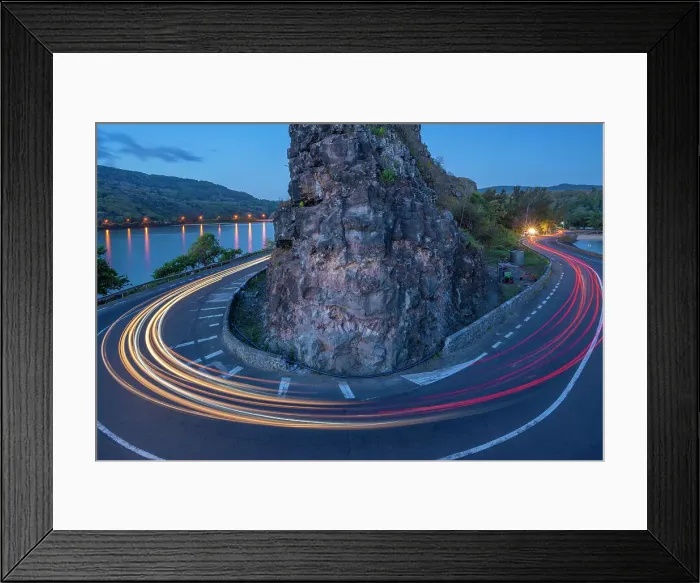 Framed Print : View of trail lights at Baie du Cap from Maconde Viewpoint at dusk, Savanne District, Mauritius, Indian Ocean, Africa