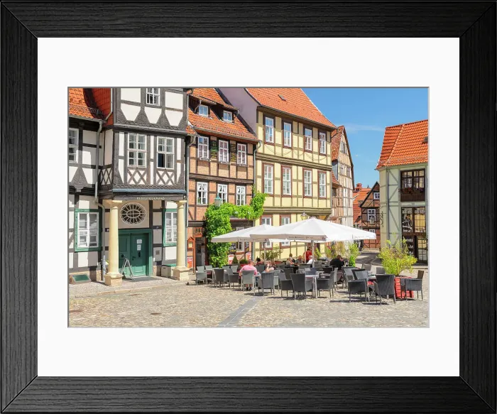 Framed Print : Cafe on Schlossberg with Klopstockhaus, Quedlinburg, Bodetal Valley, Harz, Saxony-Anhalt, Germany, Europe Framed Print : Cafe on Schlossberg with Klopstockhaus, Quedlinburg, Bodetal Valley, Harz, Saxony-Anhalt, Germany, Europe
