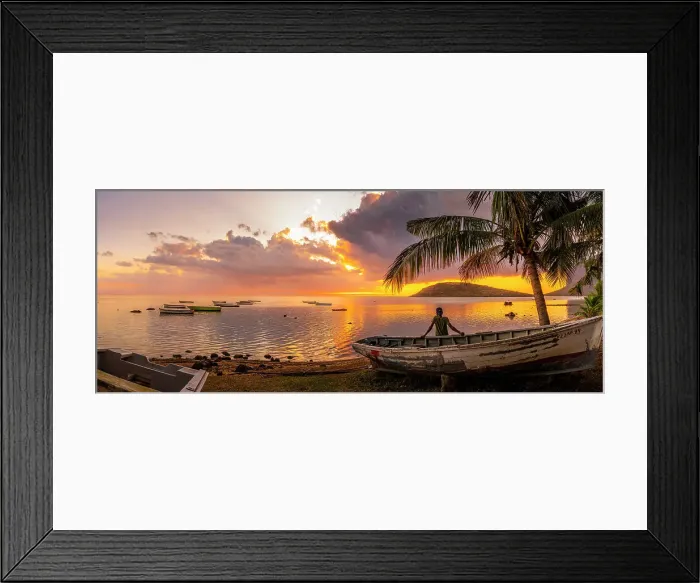 Framed Print : View of local man sat on boat viewing Le Morne from Le Morne Brabant at sunset, Savanne District, Mauritius, Indian Ocean, Africa Framed Print : View of local man sat on boat viewing Le Morne from Le Morne Brabant at sunset, Savanne District, Mauritius, Indian Ocean, Africa